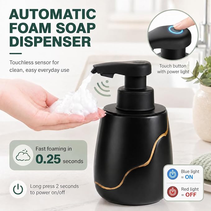 BosilunLife Automatic Foaming Soap Dispenser - Touchless Foam Hand Wash Dispenser for Bathroom Black Ceramic Smart Electric Auto Dish Soap Dispenser Waterproof, USB C Rechargeable, 17 oz/500 ml