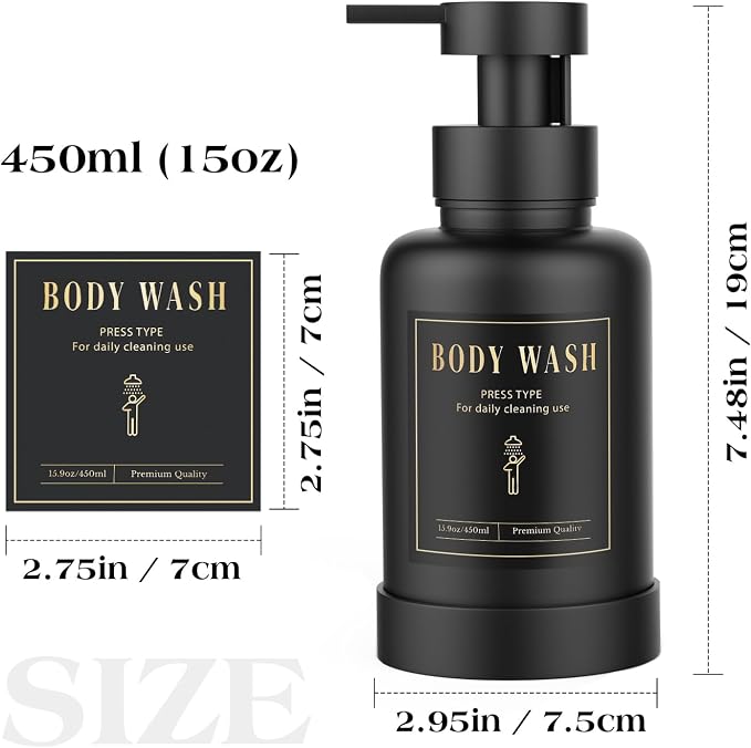 Luxspire Foaming Soap Dispenser, Glass Foam Pump Soap Dispenser, Non-Slip Hand Soap Bottle with 5 Waterproof Labels, 15 Oz Refillable Liquid Soap Bottle for Bathroom & Kitchen, Black, 1 Pack