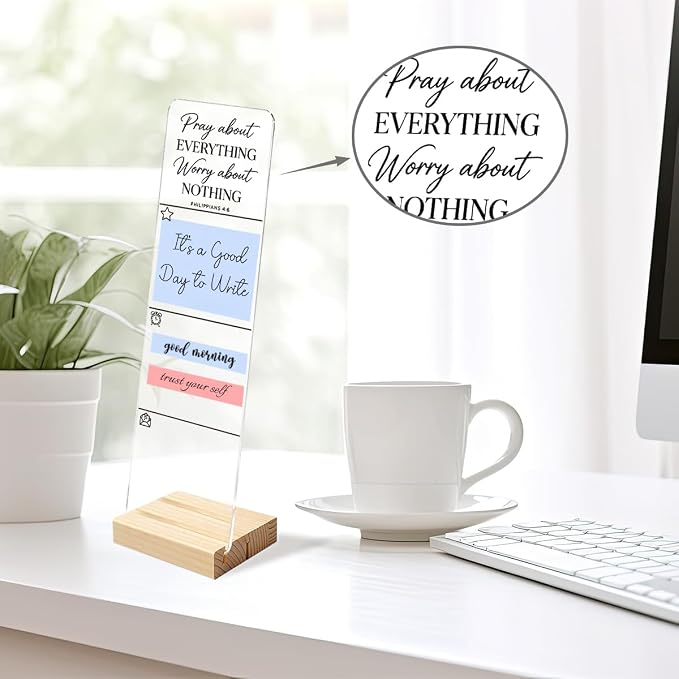 Sticky Note Holder, Monitor Memo Board, Sticky Note Board for Desk, Acrylic Desk Buddy with Wooden Base, Includes 200 Notes, Religious “Pray About Everything Worry About Nothing Philippians 4:6”
