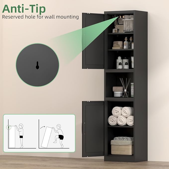 Bathroom Storage Cabinet, 67" H Tall Bathroom Storage with Shelves and Doors, Narrow Bathroom Storage Cabinet for Home, Metal Slim Storage Cabinet, Black