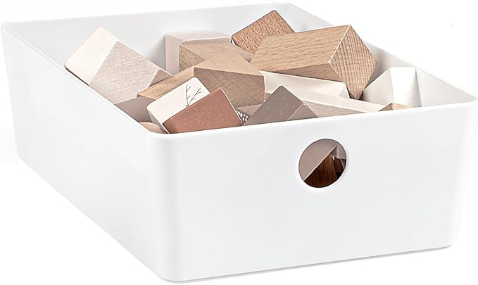 Bella White Modular Box Stackable Storage Bins with Lids Bathroom Organizer Kitchen Container Closet Shelf Organization 4 Pack (Small)