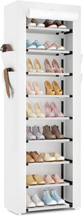 VILICK Shoe Rack with Cover Narrow Shoe Rack Organizer with 4 Side Pockets 10 Tier Tall Shoe Storage Shoe Shelf Holds 18-22 Pairs Shoes and Boots Shoe Rack for Closet, Printing