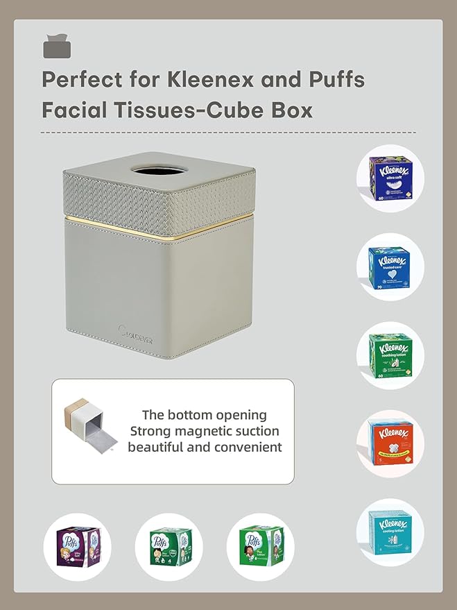 Tissue Box Holder Cover Square, Modern PU Leather Decorative Tissue Cube Holder Organizer - Woven Pattern Grey