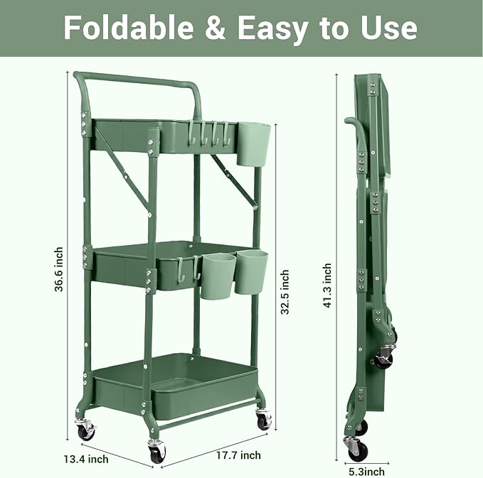 Amatic 3-Tier Folding Rolling Utility Cart with Wheels, Metal Foldable Storage Cart Organizer with 3 Hanging Cups & 6 Hooks for Kitchen, Office, Living Room, Nursery(Green)