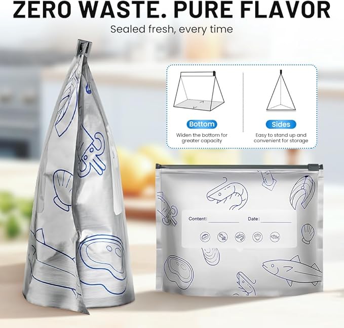 Reusable Aluminum Foil Sealable Storage Bags, Vacuum Zipper Pouches with Label and Stand Up Bottom Design, Leakproof Durable Food Storage Bags for Vegetables Fruits Meat (30, 3 Size)