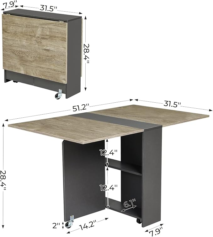 Folding Drop Leaf Dining Table with 6 Wheels and 2-Layer Storage Shelf, Space Saving Table for Small Spaces, Chestnut and Gray 51.2 inch D x 31.5 inch W x 28.4 inch H