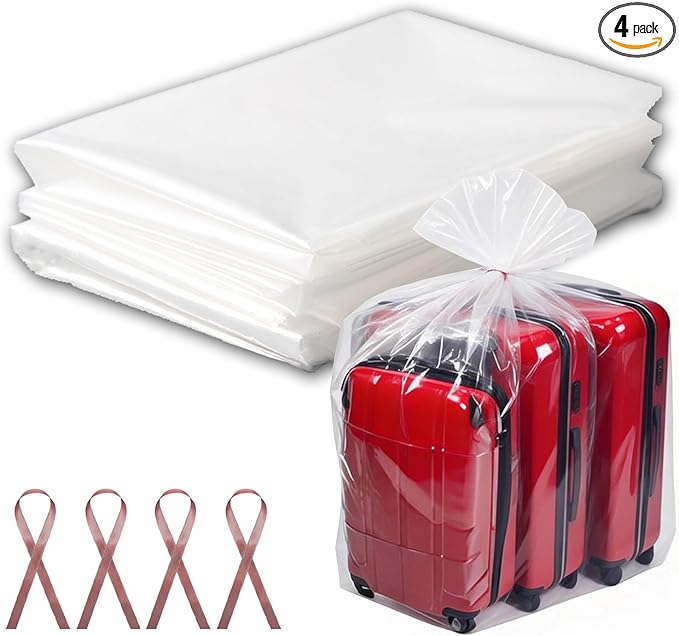 4 Pcs 45x65 inches Extra Large Clear Plastic Bags Perfect for Car Seat, Luggage, Suitcase, Stroller, Chair, Kids Bike and Furniture Storage (2 Mil Flat Bags, Include 4 Ties)