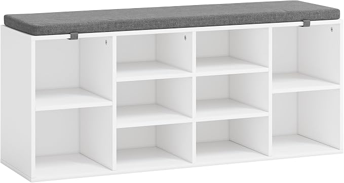 Shoe Storage Bench with Cushion, 41'' Long Entryway Bench with 10 Compartments Shoe Rack, Multifunctional Cubby Storage Organizer for Living Room, Hallway, Bedroom and Closet, White
