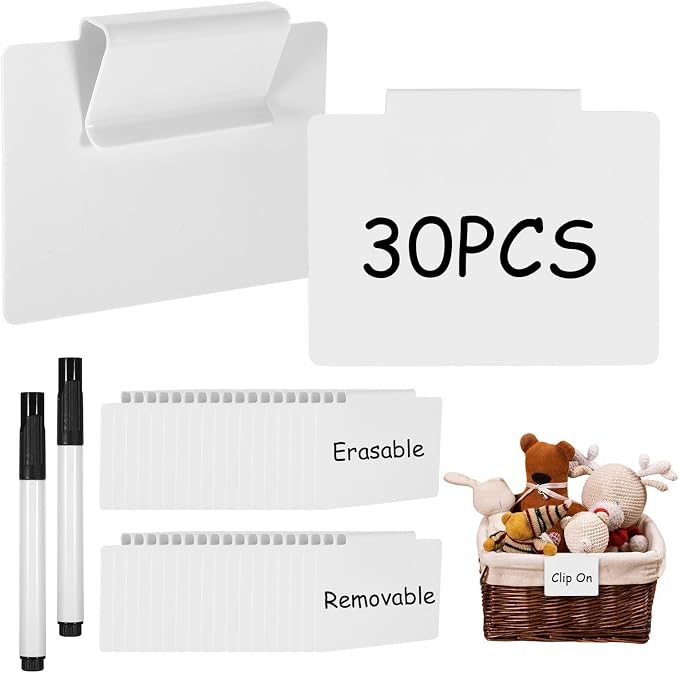 32Pcs Basket Labels Clip On Set - Include 30 Clip On Labels for Storage Bins with 2 Chalk Markers, PVC Removable Label Holders Basket Tags Label Clips for Kitchen Pantry Storage Bin (White)