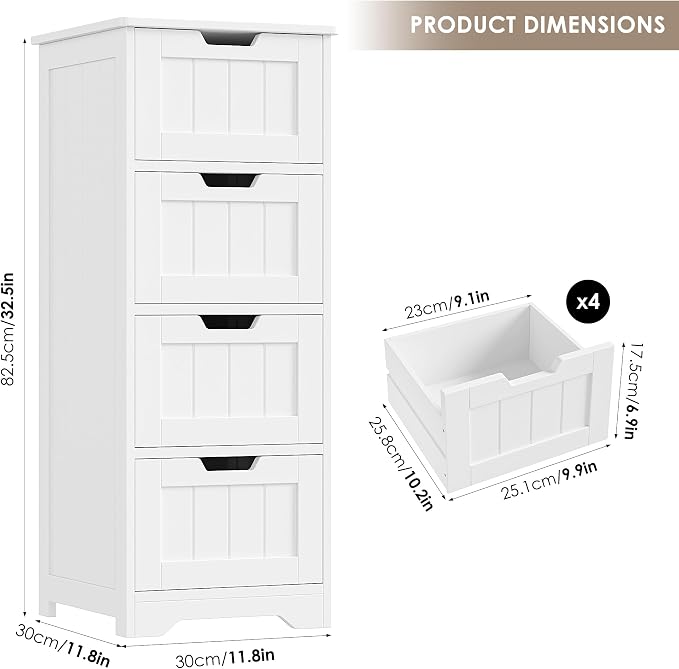 FOTOSOK Bathroom Storage Cabinet, Bathroom Cabinet with 4 Drawers, 11.8 x 11.8 x 32.5 Inches Small Bathroom Storage Cabinet, Freestanding Floor Bathroom Organizers and Storage for Entryway, White