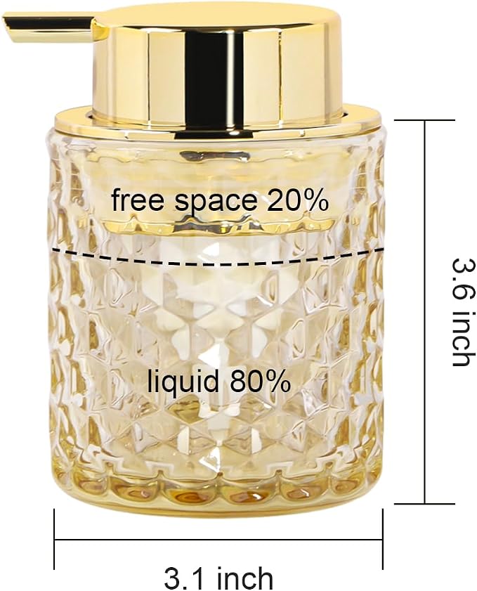 10 Oz Glass Hand Soap Dispenser with Pump, Refillable Bathroom Gold Foaming Soap Dispenser, Vintage Glass Diamond Lotion Container Bottle for Bathroom and Kitchen (2, Amber and Gold)