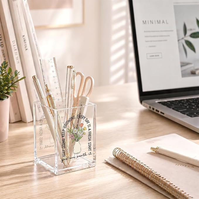 Funny Keep Going Keep Growing Acrylic Pencil Holder Cup | Floral Motivational Pen Holder, Inspirational Gifts for Women Girls, Positive Encouragement Gifts for Friends Coworkers Her