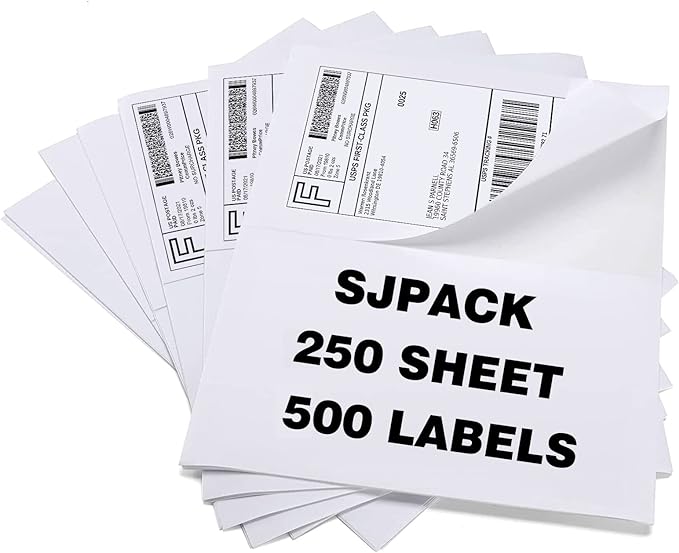 SJPACK Half Page Self Adhesive Shipping Labels, 8.5" x 5.5" Shipping Labels Compatible Laser & Inkjet Printer 2 Label Per Sheet (250 sheets-500 Label)