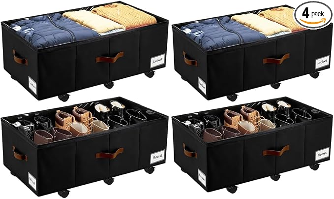 Under Bed Storage with Wheels,Underbed Storage with Sturdy Sidewalls/Bottom, Clear Cover, Label and PU Handle, Rolling Under Bed Drawers for Clothes, Shoes, 11 Inch Height,Black, 4 Pack