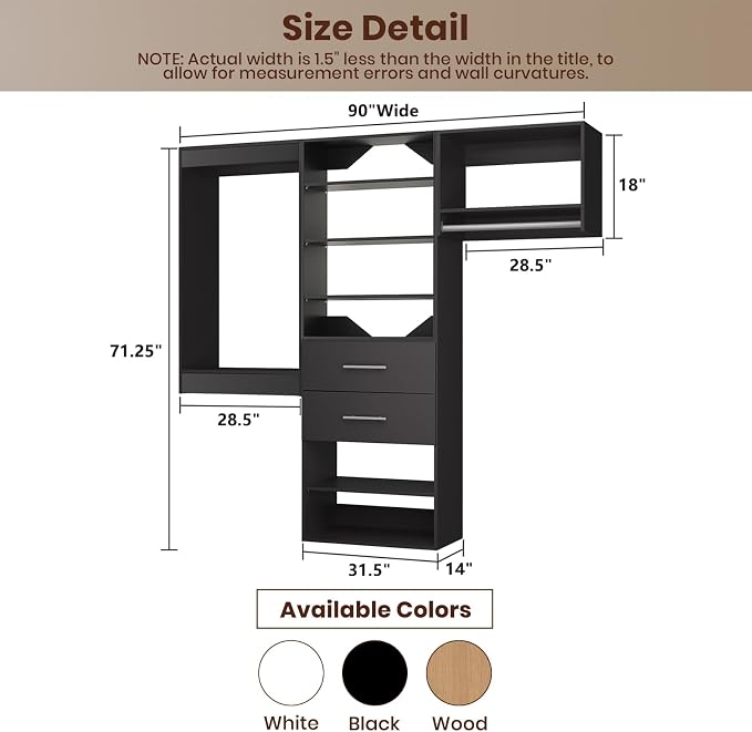 ROOMTEC Modular Closet System, 90" Wall Mounted Modern Closet Organizer with Hanging Rods and Drawers, Wooden Tower for Walk-In Closets, Wardrobe Storage Kit, Black