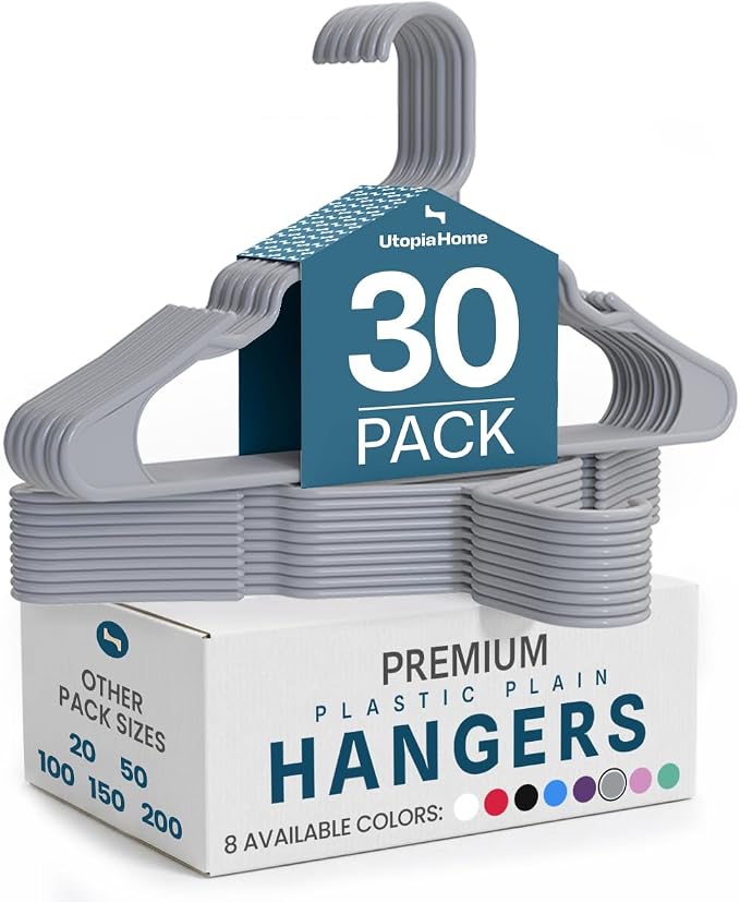 Utopia Home Plastic Hangers 30 Pack – Space Saving Clothes Hanger Grey | Durable & strong | Closet organizer & storage | Ideal for apartments, dorms & stocking stuffers