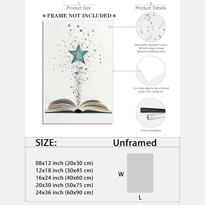 Magical Book Bookish Star Art Aesthetic Poster Canvas Wall Art Decoration Living Room Home Decor Bedroom Decoration Poster Unframed12x18inch