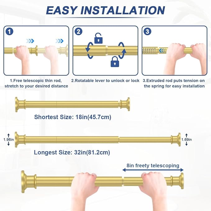 Gold Tension Rod 18-32 Inch, No Drill Spring Rod | Adjustable Stainless Steel Rod, No Drilling Required, Ideal For Closets And Small Windows