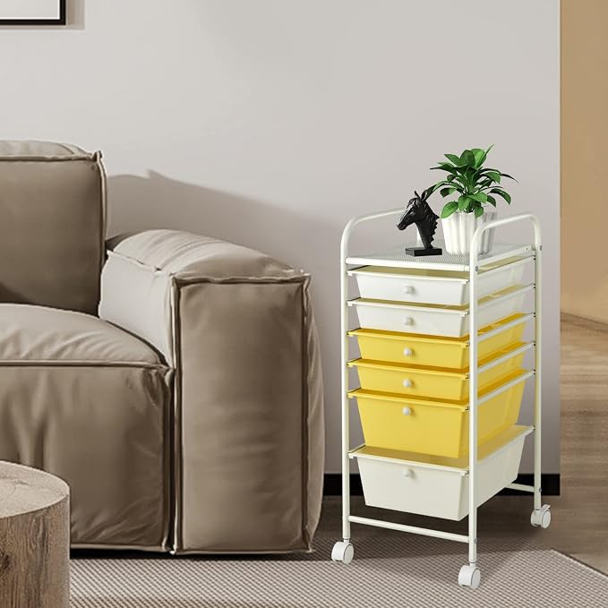 DREAMADE Rolling Cart With Storage Drawers, Utility Cart With Removable Plastic Drawers, Lockable Wheels for Classroom Organization, Art Supplies, Office, Scrapbook (6 Drawers, Yellow)