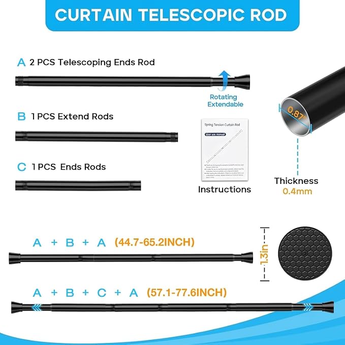 2 Pack Black Shower Curtain Rod 45 to 77 Inch,Shower Rods for Bathroom,Spring Tension Curtain Rod No Drilling for Windows Doors Closet Kitchen Wardrobe