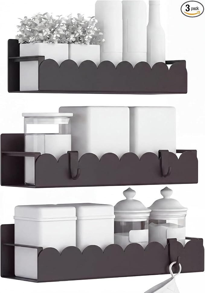 3 Pack Scalloped Metal Magnetic Spice Storage Rack Organizer with Hooks for Refrigerator and Oven, Black Fridge Organizers and Storage