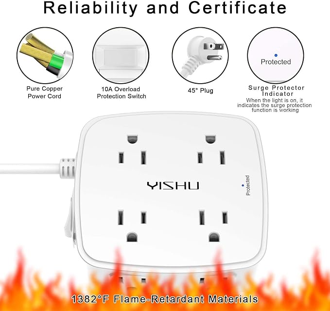 5Ft Surge Protector Power Strip - 8 Widely Outlets with 4 USB Ports, 3 Side Outlet Extender with 5 Feet Extension Cord, Flat Plug, Wall Mount, Desk USB Charging Station, ETL,White