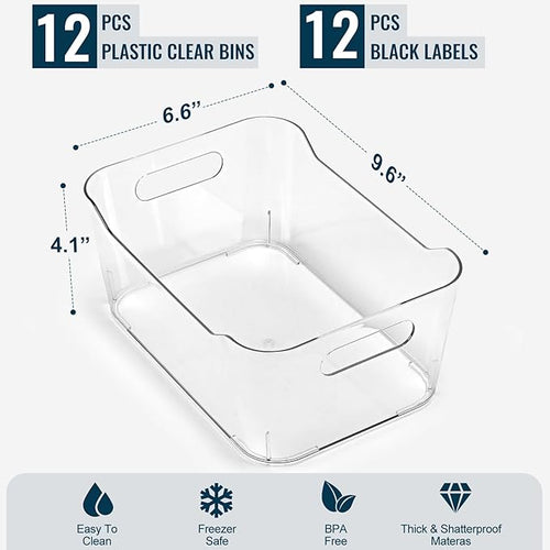12 PACK Multi-Use Clear Plastic Storage Bins for Organizing w/ Labels - Home, Kitchen, Bathroom, Office, Pantry Cabinet Shelf Organizer Bins - SOHO Collection, RV, Fridge Organization Containers