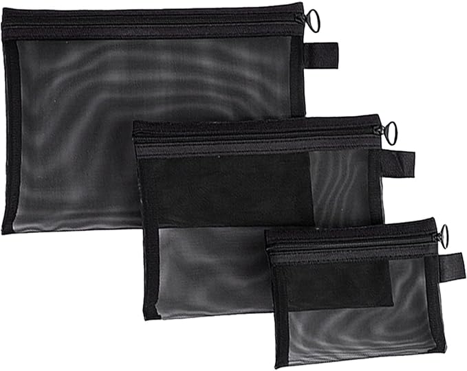 3 Pcs Mesh Zipper Pouch Makeup Bags Set, Portable Mesh Cosmetic Bag Travel Toiletry Storage Bags Pencil Purse Organizer Pouches for Home Office Daily or Traveling Accessories Keep Small Items( Black)