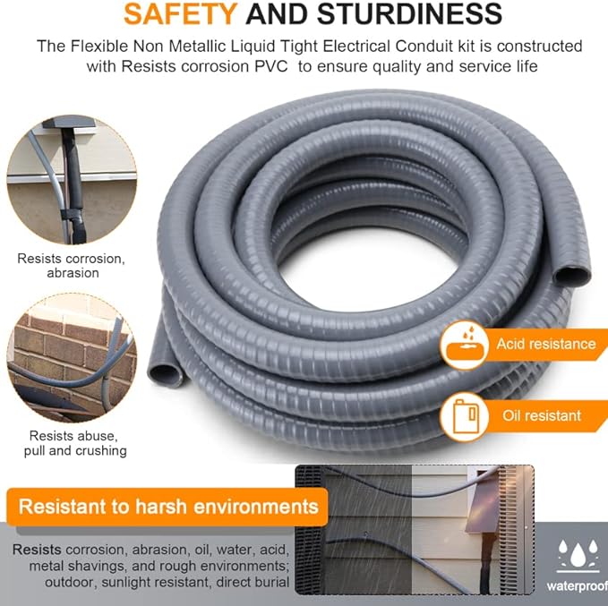 DWALE Liquid-Tight Conduit and Connector Kit,Flexible Non Metallic Liquid Tight Electrical Conduit,3/4inch 50ft Electrical Conduit Kit,with 8 Straight and 8 Angle Fittings Included,3/4 in. Dia