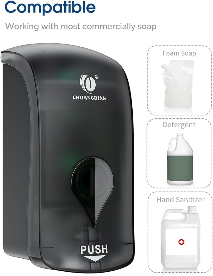 Foaming Hand Soap Dispenser, 35oz (1000ml) Manual Refillable Wall Mount Soap Dispenser, Durable ABS Plastic, for Commercial/Home/Bathroom/Kitchen, Translucent Black, CHUANGDIAN