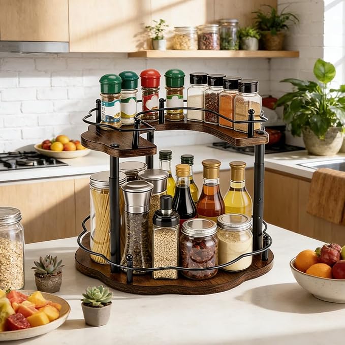 PH PandaHall 2-Tier Susan Organizer Spice Rack Adjustable Rotating Lazy Susan Organizer Flower Shape Wooden Turntable Organization for Kitchen Cabinet Pantry Seasoning Storage, 11.8x11.8x8.7 inch