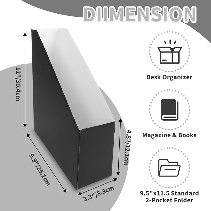 Rempry 12 Pack Magazine File Holders Black, Foldable Cardboard Document Organizer Boxes with Labels, Space-Saving Storage for Office, Home, School (9.9"x3.3"x12")