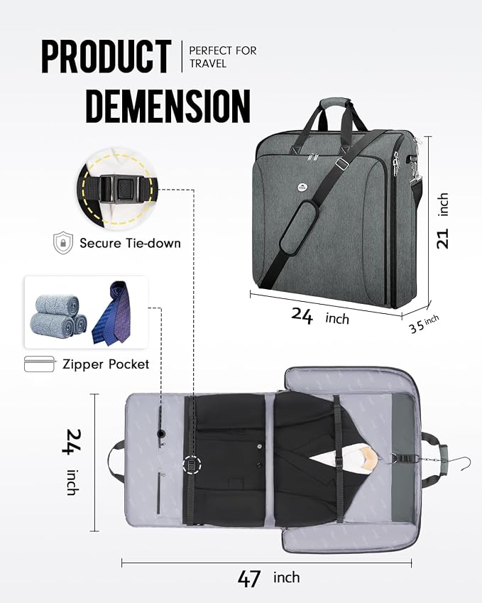 MATEIN Travel Garment Bag, Large Suit Bag Travel Up to 6 Suits, Grey | Wrinkle Free, 2 in 1 Hanging Luggage, Folding Suitcase, Cover for Shirts Dresses Coats, For Business Trips, Adjustable Strap