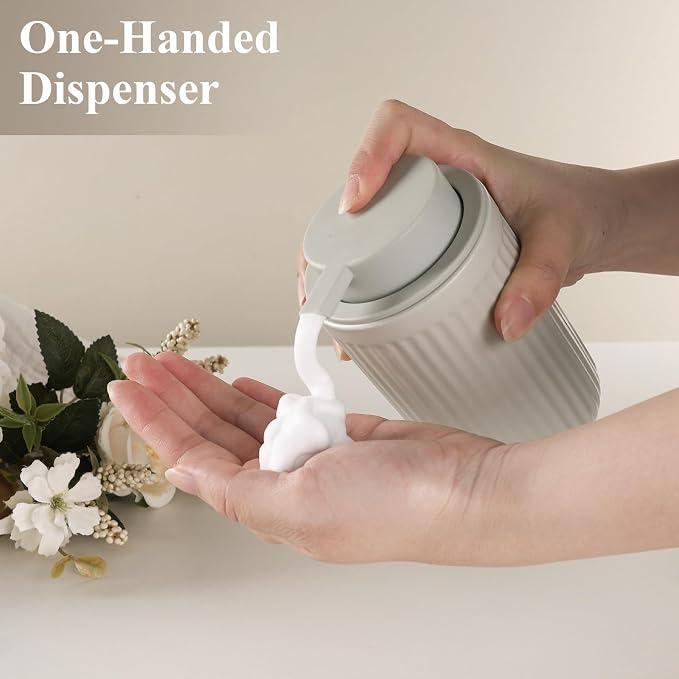 BosilunLife Foaming Soap Dispenser Set - Grey Ceramic Foam Hand Soap Dispenser 12oz with Rust Proof Pump, Easy Pressing, Refillable for Kitchen, Bathroom - 2 Pack