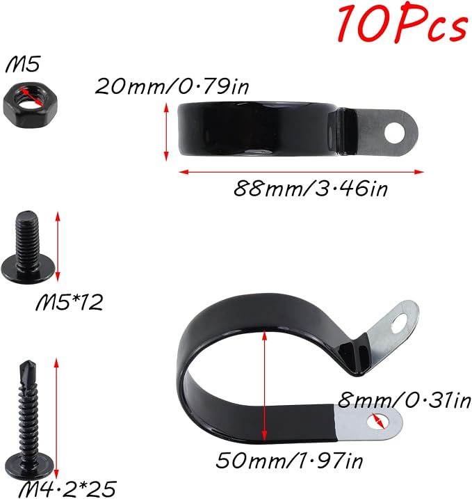 Antrader Cable Clamps, 10Pcs Carbon Steel Rubber Cushion Insulated Loop Clips, 50mm/1.97inch R-Type Cable Management Cord Organizer with Screws