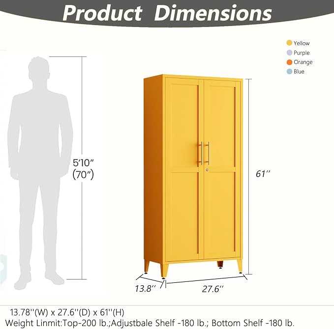 61" Yellow Metal Storage Cabinet and Lock, 2-Door Metal Locker Cabinet with Adjustable Shelves, 4-Tier Steel Storage Locker for Bedroom Living Room Kitchen Home Office Size：61"H X 27.6"W X 13.8"D
