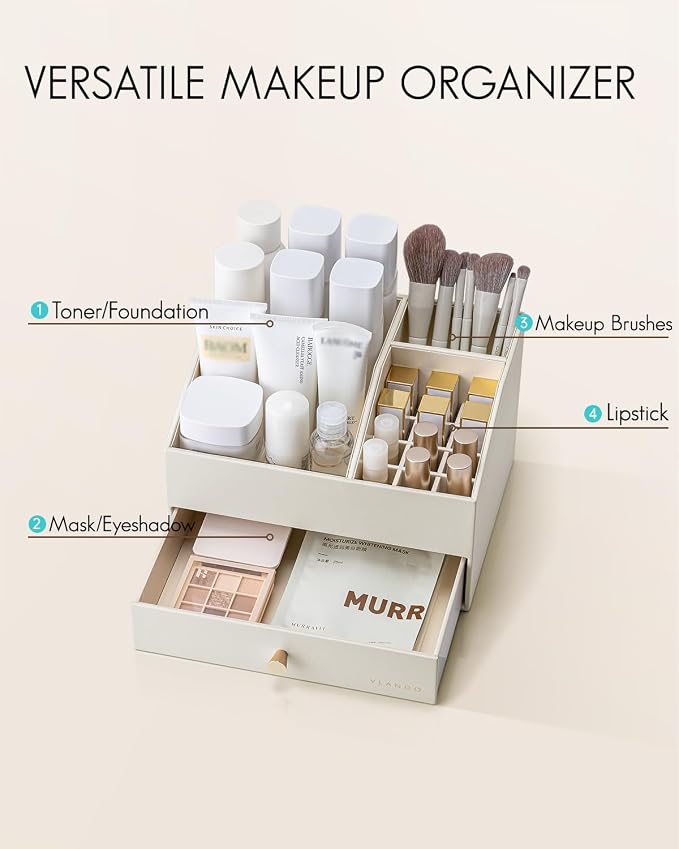 VLANDO Makeup Organizer,Vanity Organizer with Drawers, PU Leather Skincare Organizer Perfume Organizer,Large Cosmetic Display Case for Lipstick,Brushes Gifts for Women-Beige