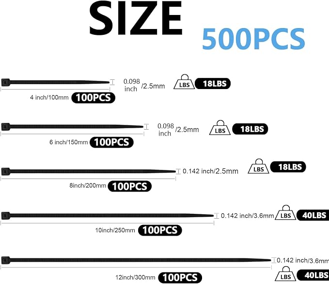MasiStran 500 PCS Zip Ties Assorted Sizes 4+6+8+10+12 Inch Self-locking Nylon Cable ties Outdoor, UV Resistant Wire Straps for Home Office Garden Workshop Indoor Outdoor Fence(Black)
