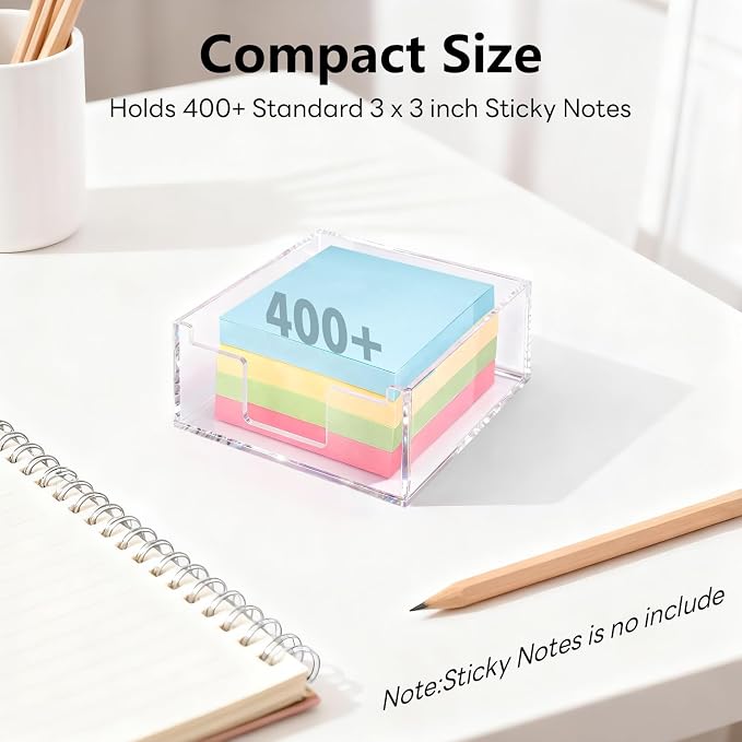 Acrylic Sticky Note Holder 4x4in Tray for Desk, Crystal Clear | Crystal Clear acrylic tray, fits 3x3 sticky notes, compact organizer for office school and home