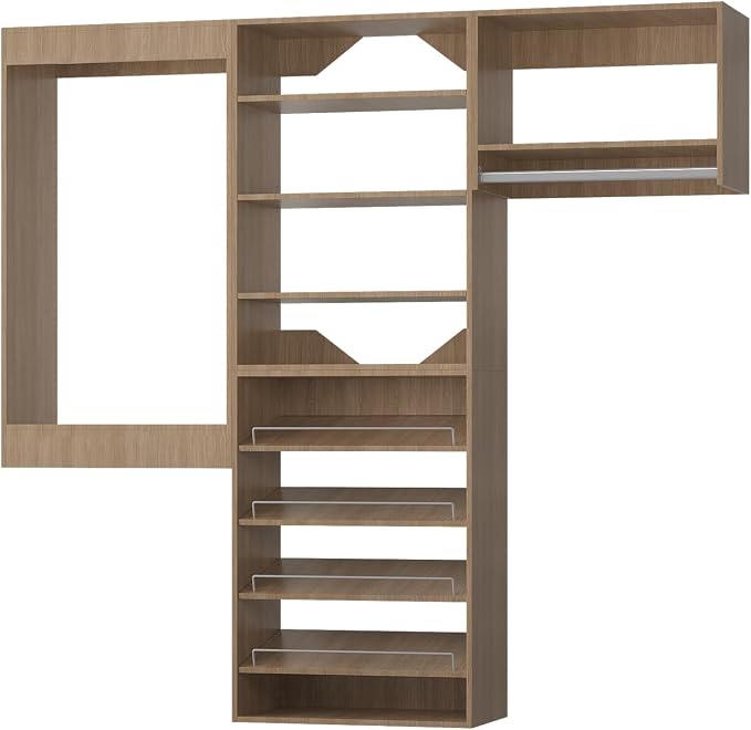 ROOMTEC Modular Closet System, 60" Wall Mounted Modern Closet Organizer with Hanging Rods and Shoe Shelf, Wooden Tower for Walk-In Closets, Wardrobe Storage Kit, Wood