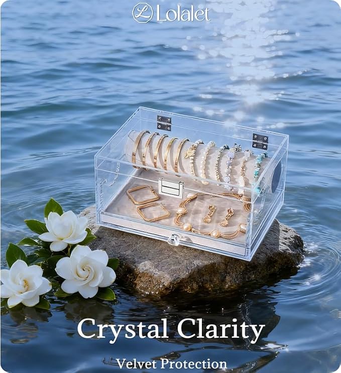 Lolalet Acrylic Bracelet Organizer Box -with Drawer | Clear Jewelry Display Holder for Bracelets, Bangles & Watches, Great Gift for Women on Birthdays, Valentine's Day