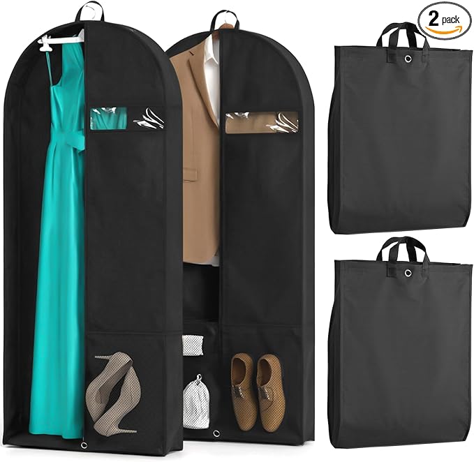 2 Pack Heavy Duty Garment Bags for Travel Suit Bags, Dress Bags, Garment Bags for Hanging Clothes with Pockets Men's Suit Holder for Shirts, Coats, Dresses (Black, 2Pack 60")