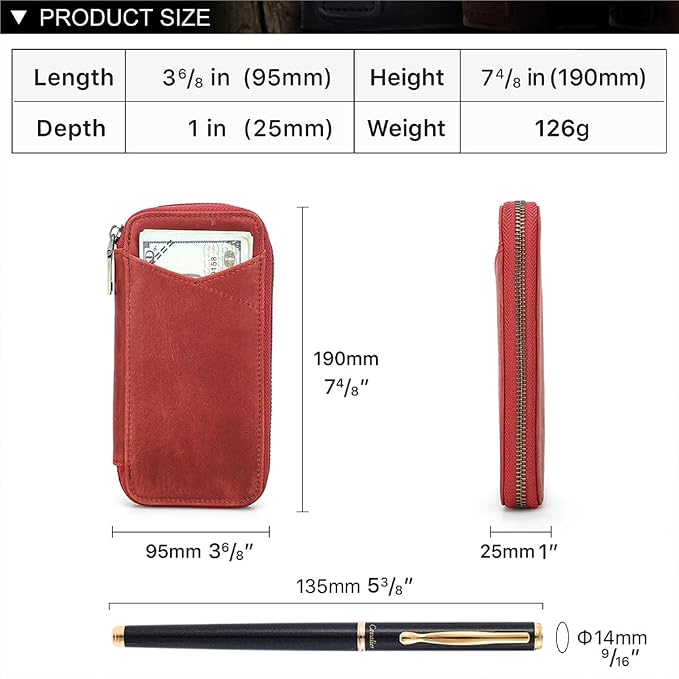 CONTACTS Full Grain Leather Pencil Case for Women Handmade Vintage Zipper Pen Holder Pouch with Card Slot Pens Organizer Pockets Stationery Bag (Red)