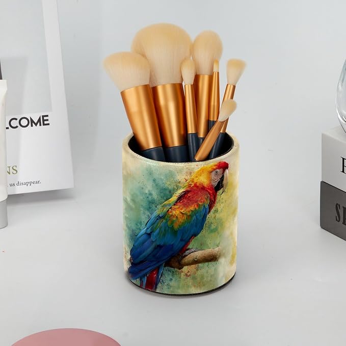 Retro Parrot Pattern Pen Holder Pencil Organizer for Desk, 3.1” x 3.1” x 3.9” Pencil Cup Office Supplies, Large Capacity Cute Pen and Makeup Brush Holder for Home, School, Desktop