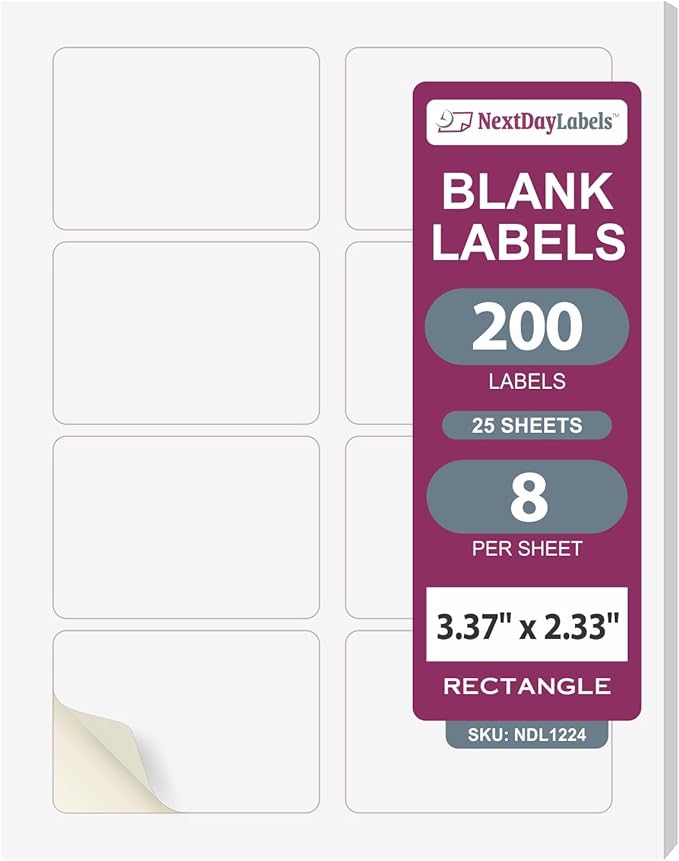 NextDayLabels 3.38x2.33 Inch Rectangle Stickers White Blank Labels for Laser Inkjet Printer - 8 Per Sheet Self-Adhesive Shipping Address Mailing Made in USA - 200 Labels