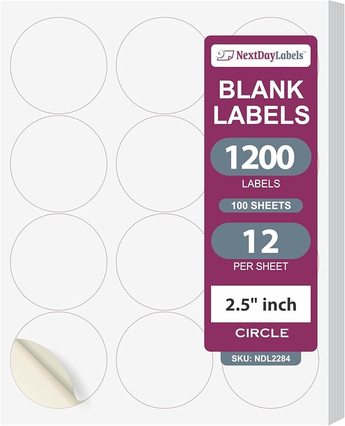 NextDayLabels 2.5 Inch Round Circle Stickers White Blank Labels for Laser Inkjet Printer - 12 Per Sheet Self-Adhesive Product Packaging Logo Made in USA - 1200 Labels