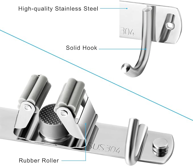 2 Pcs Mop Broom Holder Wall Mounted, Dustpan Holders, Stainless Steel Mop Hangers Organizer, Broom Rack, Utility Hook for Hanging Brooms and Mops(3 Racks 4 Hooks and 2 Racks 3 Hooks)
