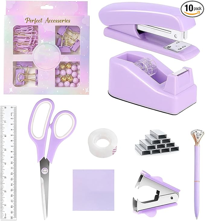 suniya Office Supplies,Desk Accessories,Tape Holder,Stapler,Scissor,Staple Remover,Box of Binder Clips,Staples,Ballpoint Pen,Sticky Notes,Clear Tape,Ruler,Office Supplies Set Purple