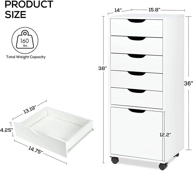 TUSY Mobile File Cabinet, 5-Drawer Storage Cabinet, Vertical Rolling Storage Organizer Chest with Wheels & Anti-Tip Kit, for Home Office, Craft Room, Bedroom, White