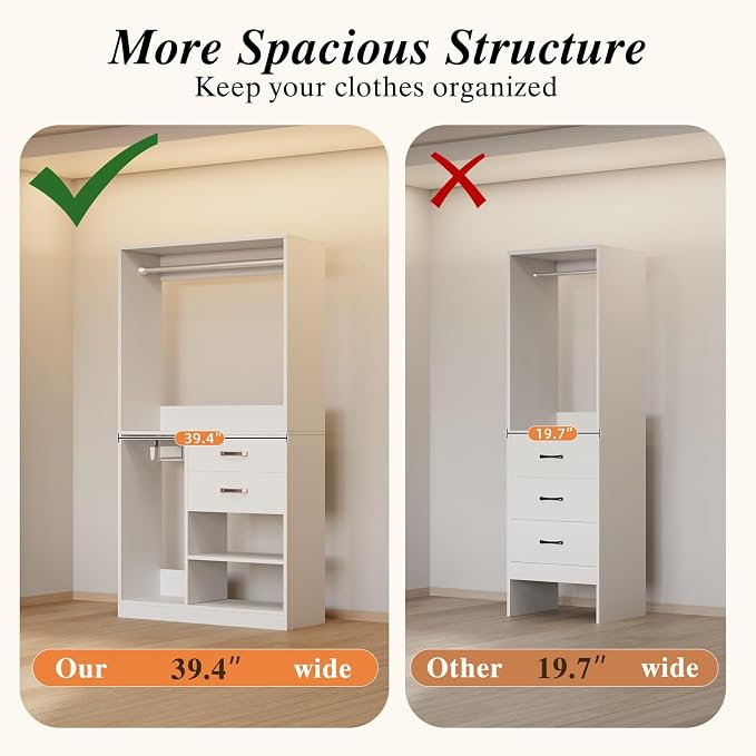 39.4"-118" Extra Wide Closet System with 2 Expandable Rods, Walk-in Closet Organizer with 2 Drawers and Retractable Hidden Rod, Modern Wood Built-in Closet Kit for Long Coats & Dresses, White
